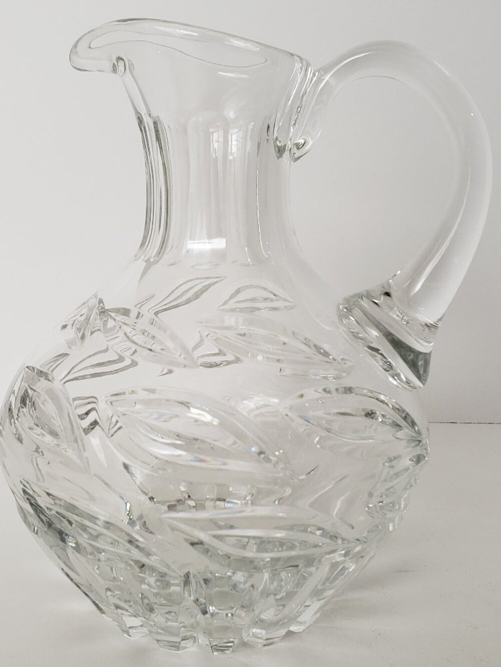 Vintage Heavy Glass Pitcher Leaf Design Excellent Condition